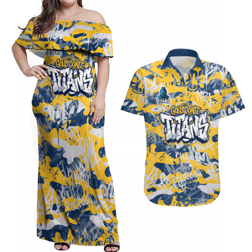 Gold Coast Titans Rugby Couples Matching Off Shoulder Maxi Dress and Hawaiian Shirt Graffiti Typography Urban Camo Abstract Street Style