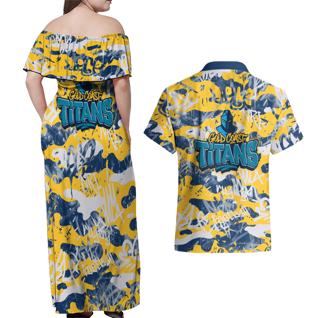 Gold Coast Titans Rugby Couples Matching Off Shoulder Maxi Dress and Hawaiian Shirt Graffiti Typography Urban Camo Abstract Street Style