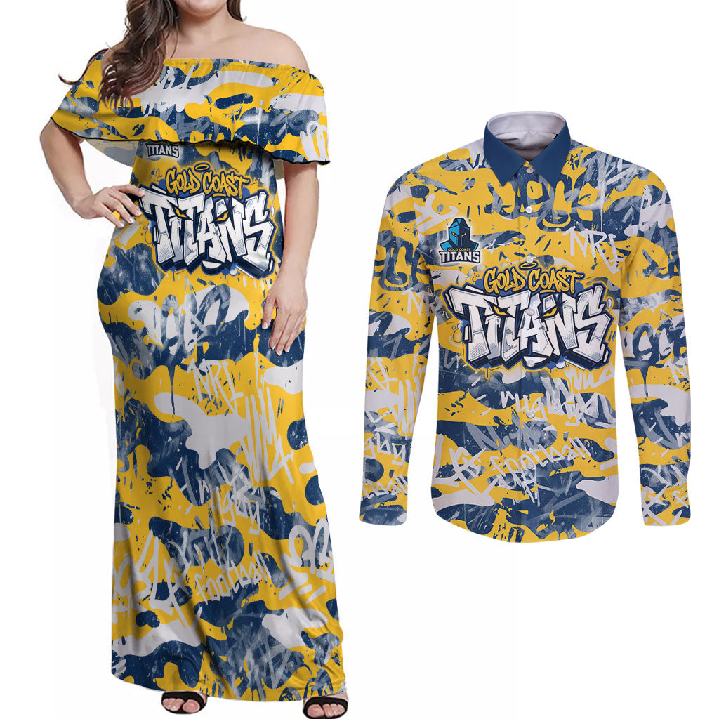 Gold Coast Titans Rugby Couples Matching Off Shoulder Maxi Dress and Long Sleeve Button Shirt Graffiti Typography Urban Camo Abstract Street Style