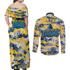 Gold Coast Titans Rugby Couples Matching Off Shoulder Maxi Dress and Long Sleeve Button Shirt Graffiti Typography Urban Camo Abstract Street Style
