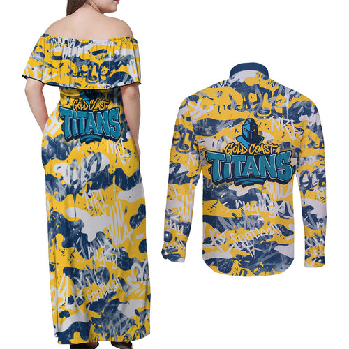 Gold Coast Titans Rugby Couples Matching Off Shoulder Maxi Dress and Long Sleeve Button Shirt Graffiti Typography Urban Camo Abstract Street Style
