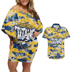 Gold Coast Titans Rugby Couples Matching Off Shoulder Short Dress and Hawaiian Shirt Graffiti Typography Urban Camo Abstract Street Style