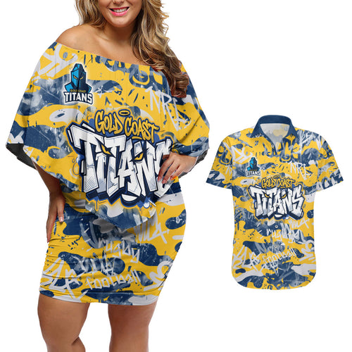 Gold Coast Titans Rugby Couples Matching Off Shoulder Short Dress and Hawaiian Shirt Graffiti Typography Urban Camo Abstract Street Style