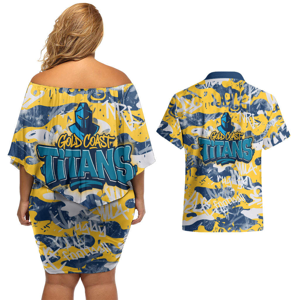 Gold Coast Titans Rugby Couples Matching Off Shoulder Short Dress and Hawaiian Shirt Graffiti Typography Urban Camo Abstract Street Style