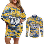 Gold Coast Titans Rugby Couples Matching Off Shoulder Short Dress and Long Sleeve Button Shirt Graffiti Typography Urban Camo Abstract Street Style