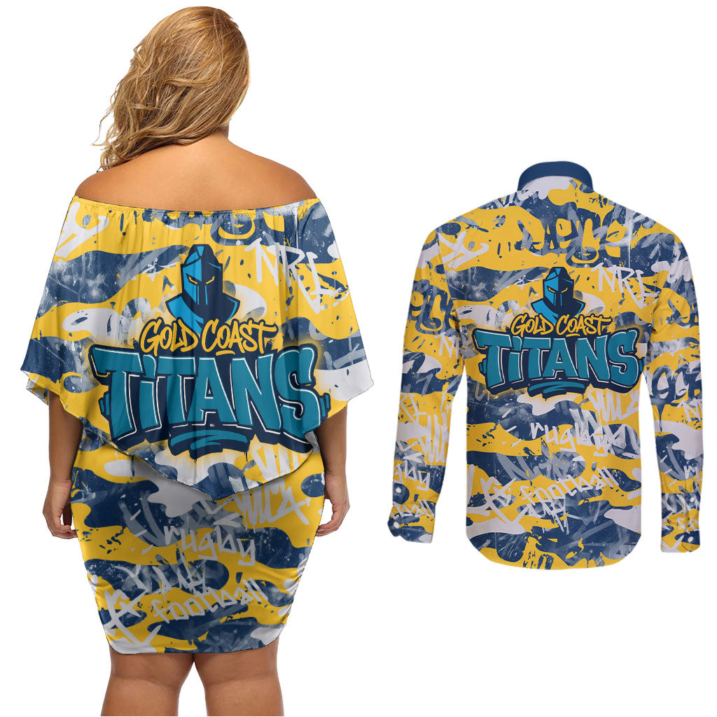 Gold Coast Titans Rugby Couples Matching Off Shoulder Short Dress and Long Sleeve Button Shirt Graffiti Typography Urban Camo Abstract Street Style