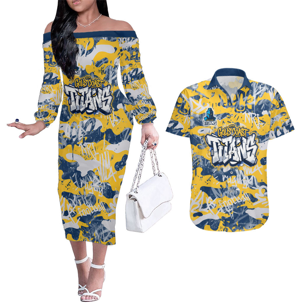 Gold Coast Titans Rugby Couples Matching Off The Shoulder Long Sleeve Dress and Hawaiian Shirt Graffiti Typography Urban Camo Abstract Street Style