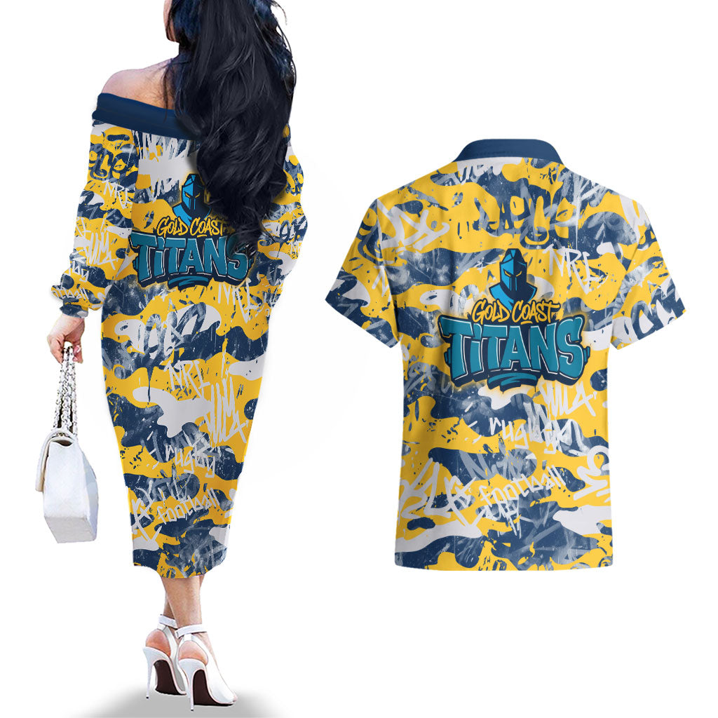 Gold Coast Titans Rugby Couples Matching Off The Shoulder Long Sleeve Dress and Hawaiian Shirt Graffiti Typography Urban Camo Abstract Street Style