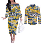 Gold Coast Titans Rugby Couples Matching Off The Shoulder Long Sleeve Dress and Long Sleeve Button Shirt Graffiti Typography Urban Camo Abstract Street Style