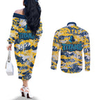 Gold Coast Titans Rugby Couples Matching Off The Shoulder Long Sleeve Dress and Long Sleeve Button Shirt Graffiti Typography Urban Camo Abstract Street Style