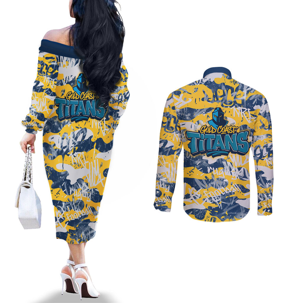 Gold Coast Titans Rugby Couples Matching Off The Shoulder Long Sleeve Dress and Long Sleeve Button Shirt Graffiti Typography Urban Camo Abstract Street Style