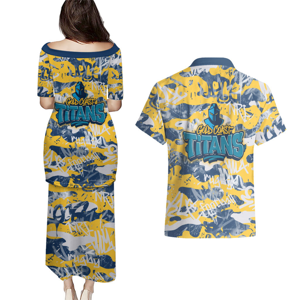 Gold Coast Titans Rugby Couples Matching Puletasi and Hawaiian Shirt Graffiti Typography Urban Camo Abstract Street Style