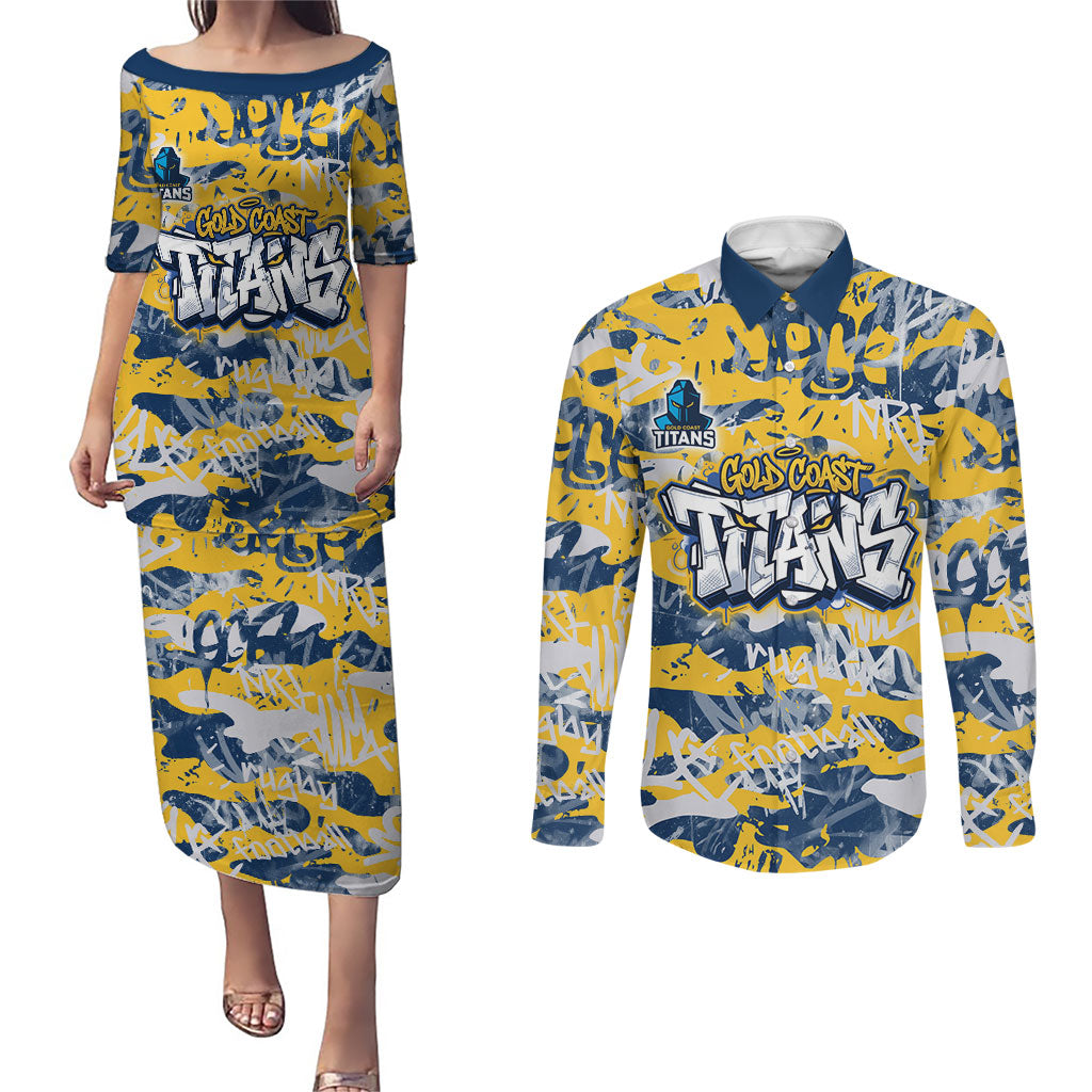 Gold Coast Titans Rugby Couples Matching Puletasi and Long Sleeve Button Shirt Graffiti Typography Urban Camo Abstract Street Style