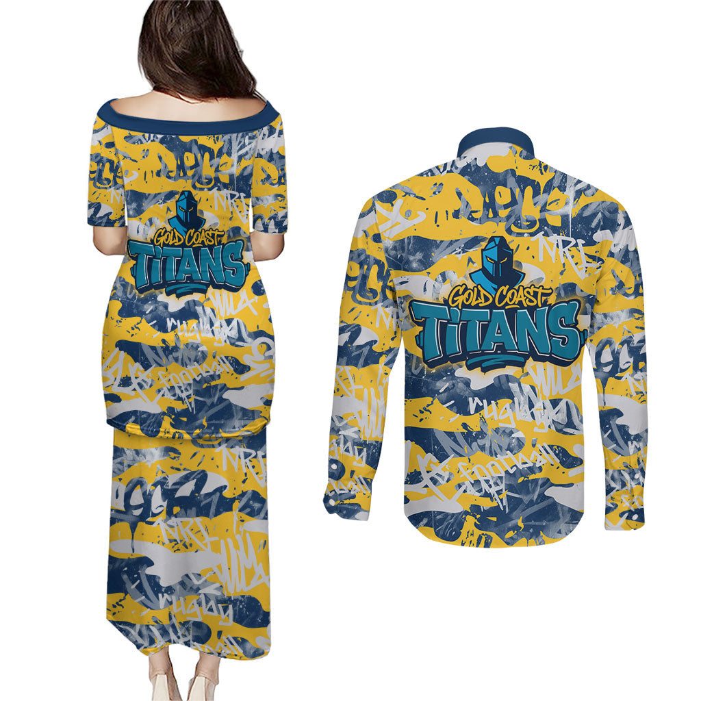 Gold Coast Titans Rugby Couples Matching Puletasi and Long Sleeve Button Shirt Graffiti Typography Urban Camo Abstract Street Style