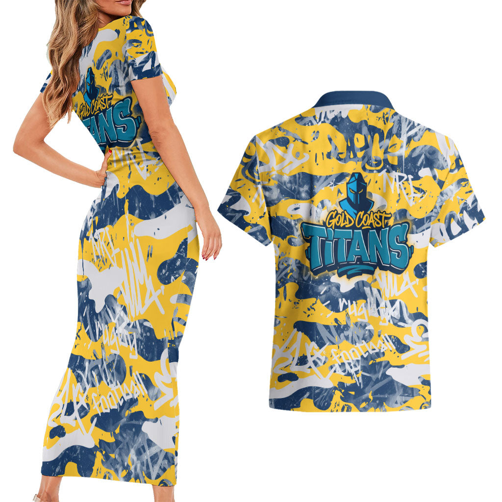 Gold Coast Titans Rugby Couples Matching Short Sleeve Bodycon Dress and Hawaiian Shirt Graffiti Typography Urban Camo Abstract Street Style