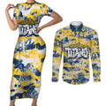 Gold Coast Titans Rugby Couples Matching Short Sleeve Bodycon Dress and Long Sleeve Button Shirt Graffiti Typography Urban Camo Abstract Street Style