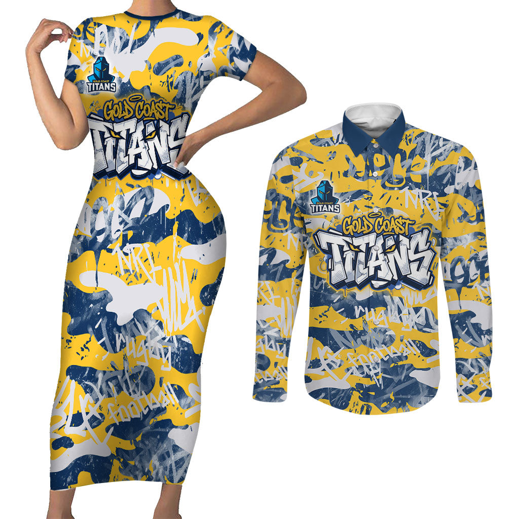 Gold Coast Titans Rugby Couples Matching Short Sleeve Bodycon Dress and Long Sleeve Button Shirt Graffiti Typography Urban Camo Abstract Street Style