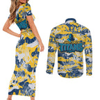 Gold Coast Titans Rugby Couples Matching Short Sleeve Bodycon Dress and Long Sleeve Button Shirt Graffiti Typography Urban Camo Abstract Street Style