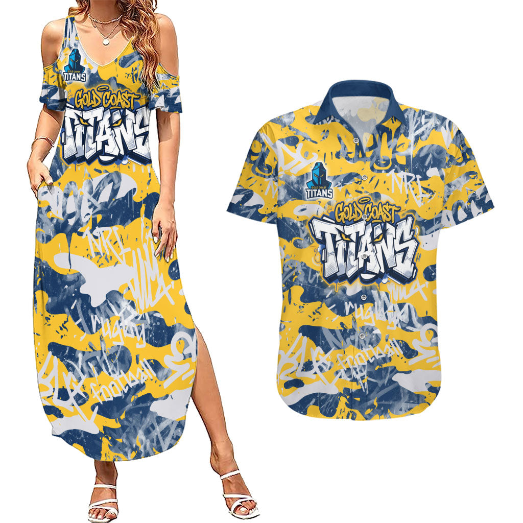 Gold Coast Titans Rugby Couples Matching Summer Maxi Dress and Hawaiian Shirt Graffiti Typography Urban Camo Abstract Street Style