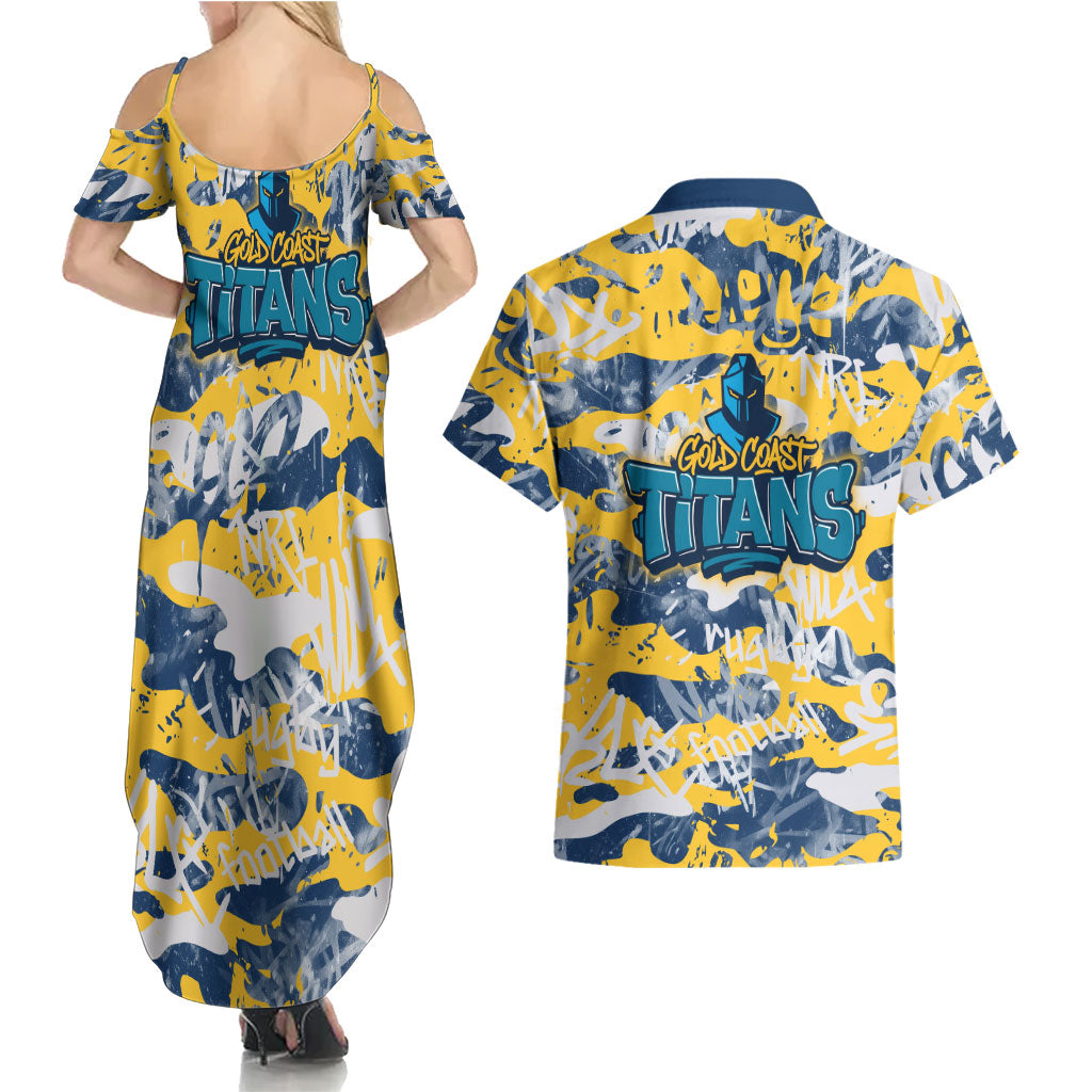 Gold Coast Titans Rugby Couples Matching Summer Maxi Dress and Hawaiian Shirt Graffiti Typography Urban Camo Abstract Street Style