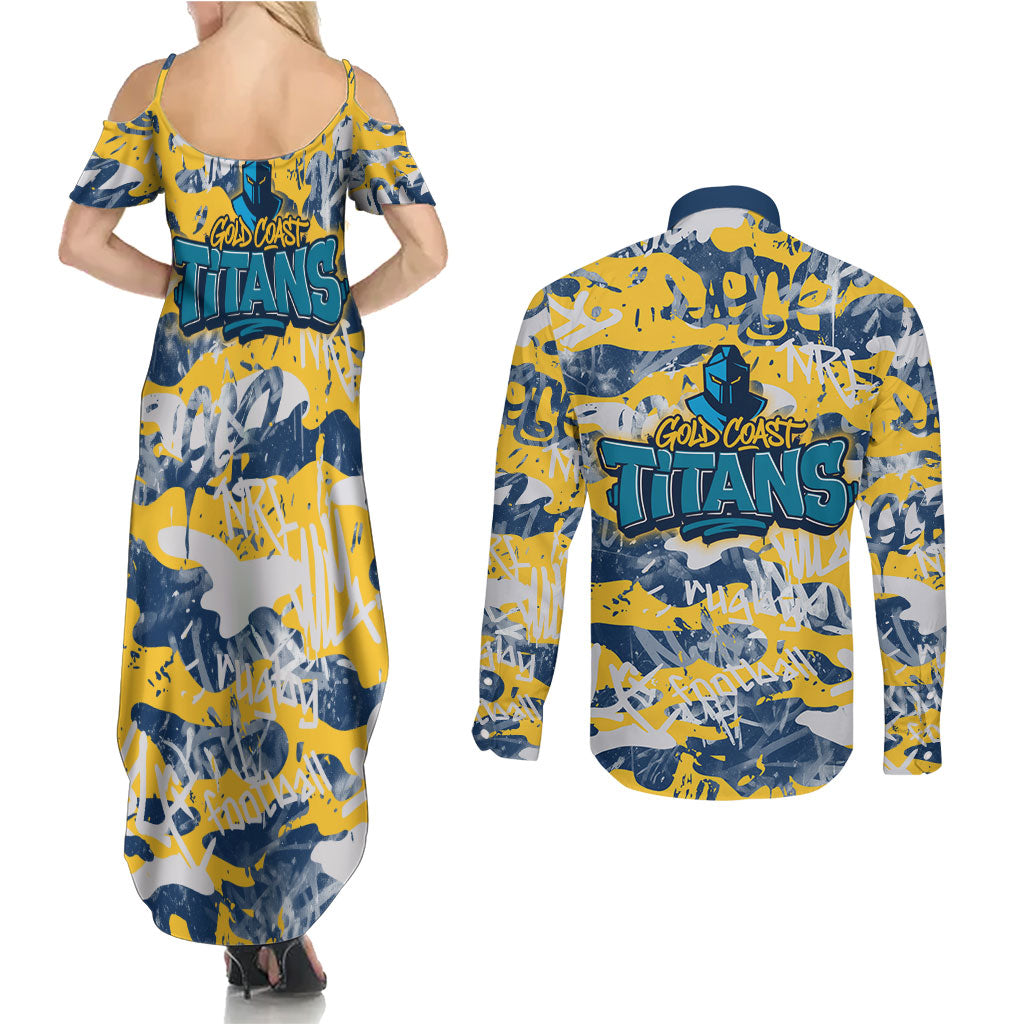 Gold Coast Titans Rugby Couples Matching Summer Maxi Dress and Long Sleeve Button Shirt Graffiti Typography Urban Camo Abstract Street Style