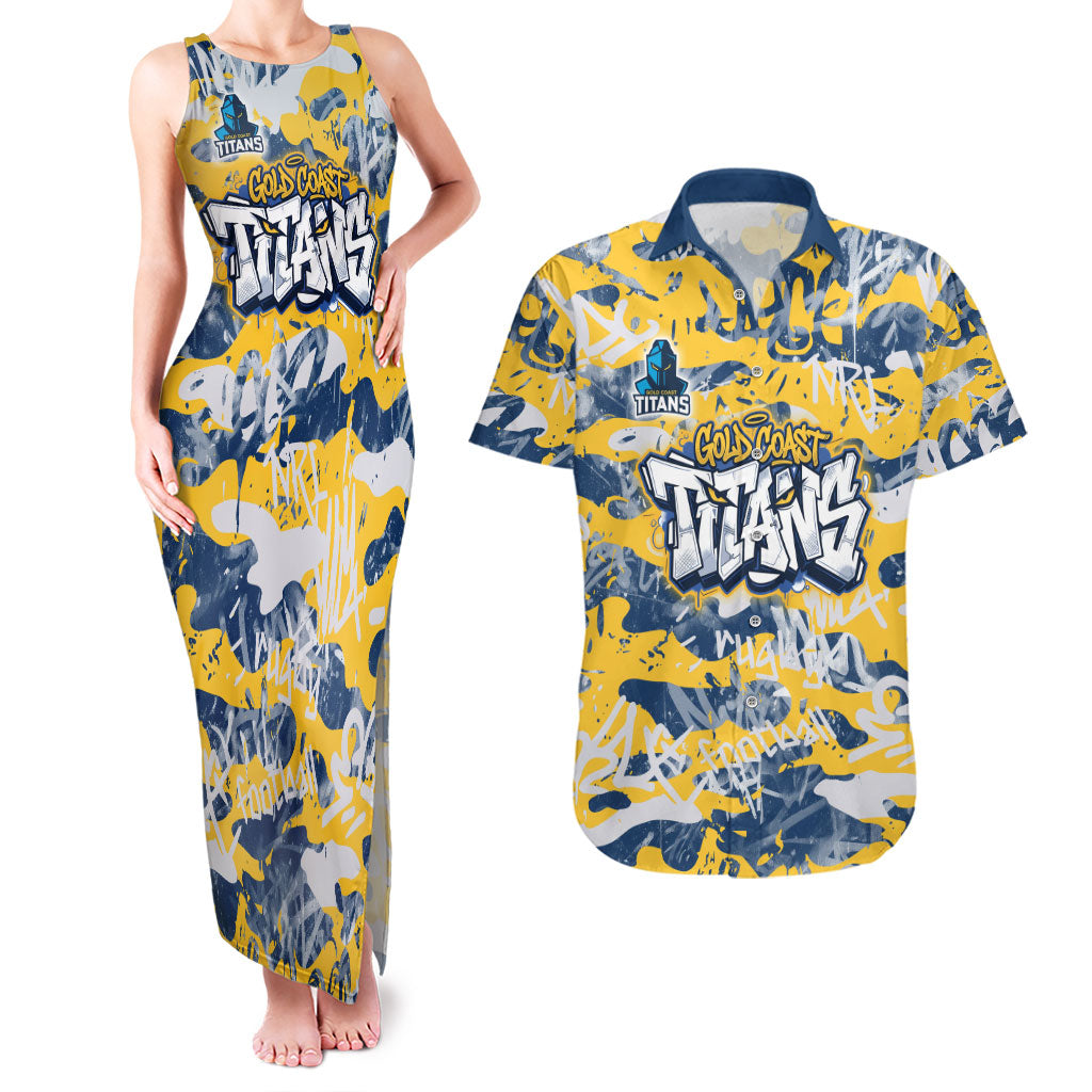 Gold Coast Titans Rugby Couples Matching Tank Maxi Dress and Hawaiian Shirt Graffiti Typography Urban Camo Abstract Street Style