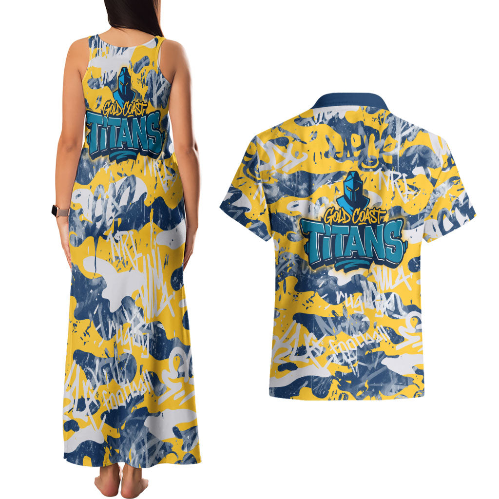 Gold Coast Titans Rugby Couples Matching Tank Maxi Dress and Hawaiian Shirt Graffiti Typography Urban Camo Abstract Street Style