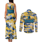 Gold Coast Titans Rugby Couples Matching Tank Maxi Dress and Long Sleeve Button Shirt Graffiti Typography Urban Camo Abstract Street Style