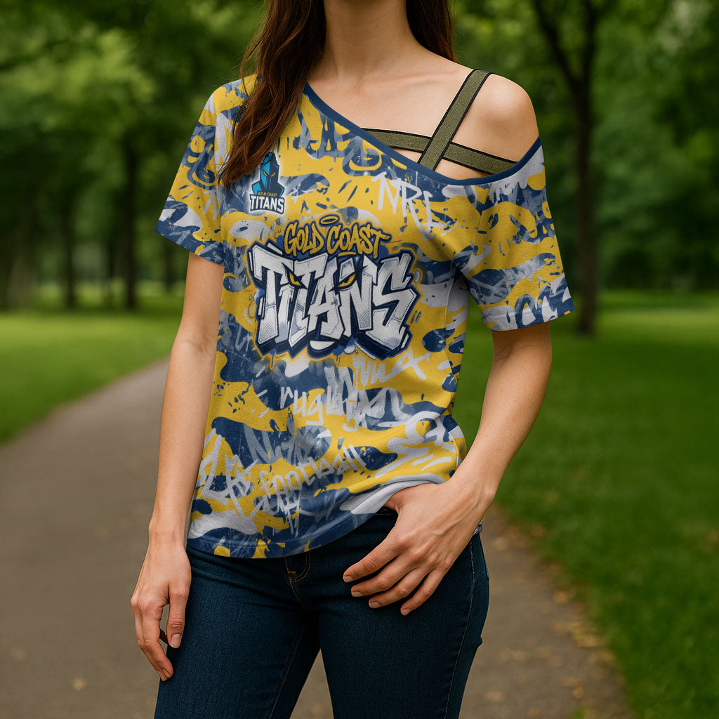 Gold Coast Titans Rugby Cross Shoulder Shirt Graffiti Typography Urban Camo Abstract Street Style