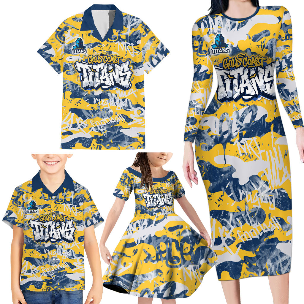 Gold Coast Titans Rugby Family Matching Long Sleeve Bodycon Dress and Hawaiian Shirt Graffiti Typography Urban Camo Abstract Street Style