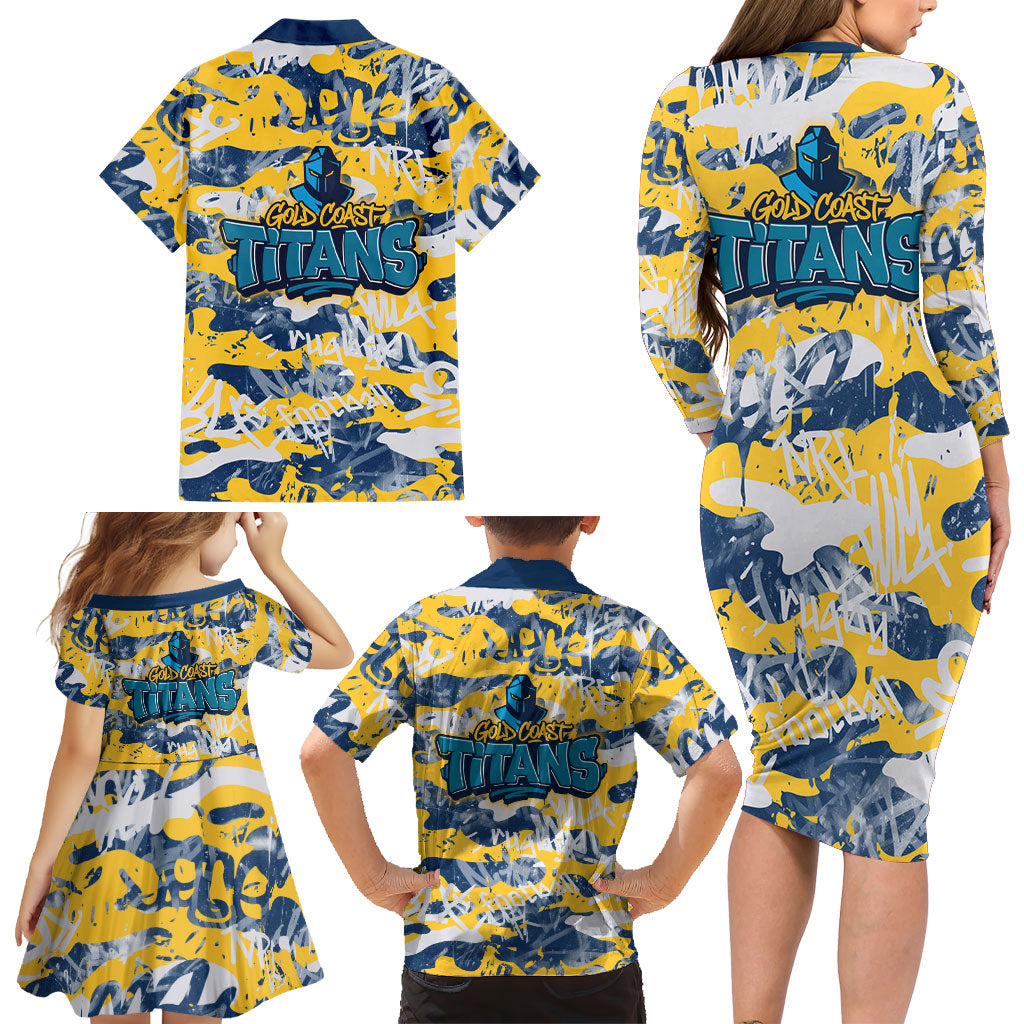 Gold Coast Titans Rugby Family Matching Long Sleeve Bodycon Dress and Hawaiian Shirt Graffiti Typography Urban Camo Abstract Street Style