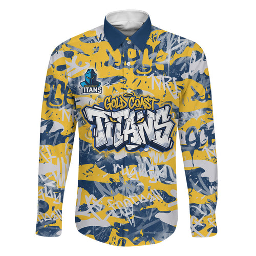 Gold Coast Titans Rugby Family Matching Long Sleeve Bodycon Dress and Hawaiian Shirt Graffiti Typography Urban Camo Abstract Street Style