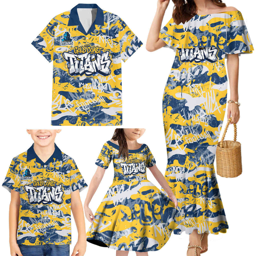 Gold Coast Titans Rugby Family Matching Mermaid Dress and Hawaiian Shirt Graffiti Typography Urban Camo Abstract Street Style