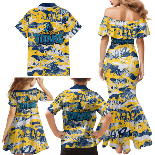 Gold Coast Titans Rugby Family Matching Mermaid Dress and Hawaiian Shirt Graffiti Typography Urban Camo Abstract Street Style