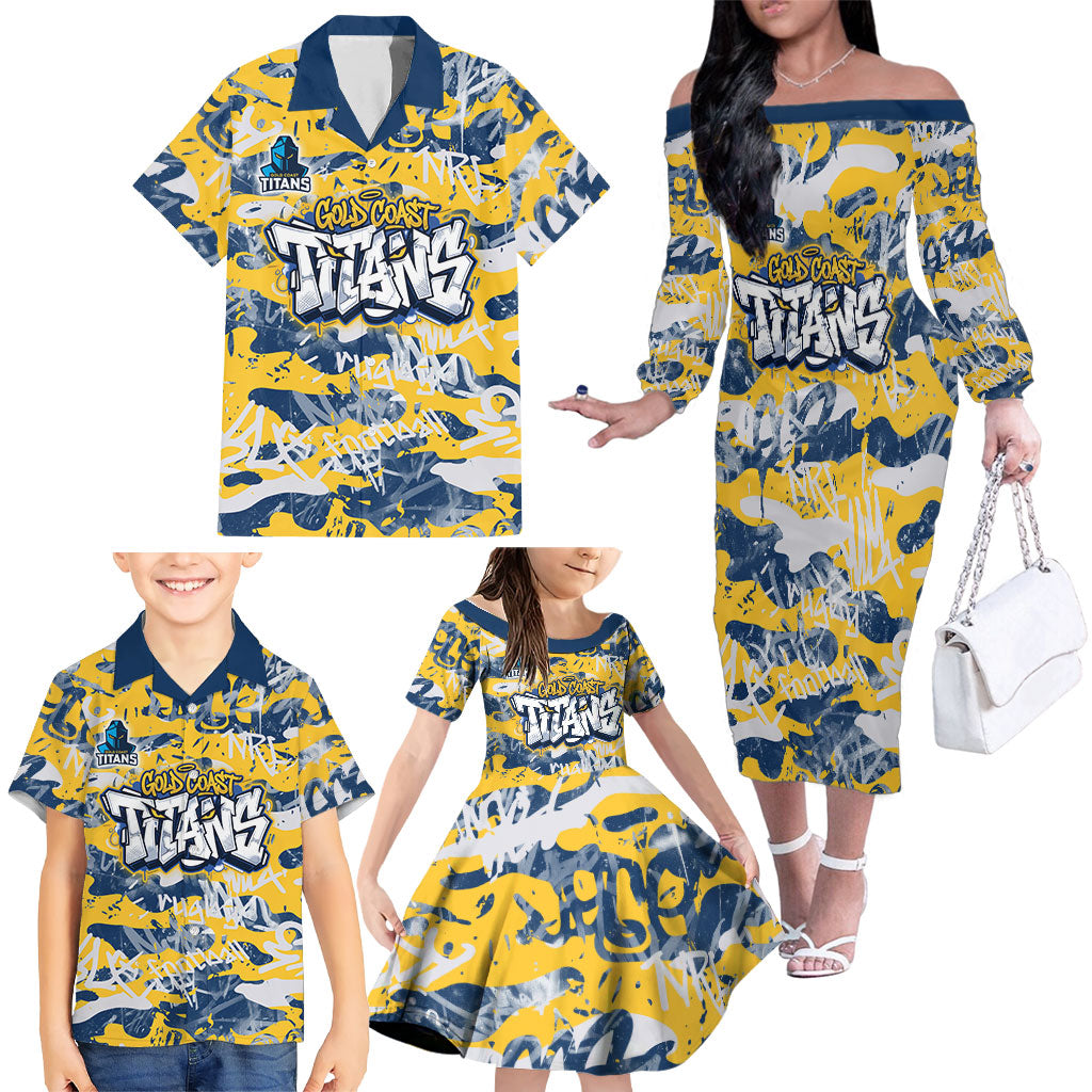 Gold Coast Titans Rugby Family Matching Off The Shoulder Long Sleeve Dress and Hawaiian Shirt Graffiti Typography Urban Camo Abstract Street Style
