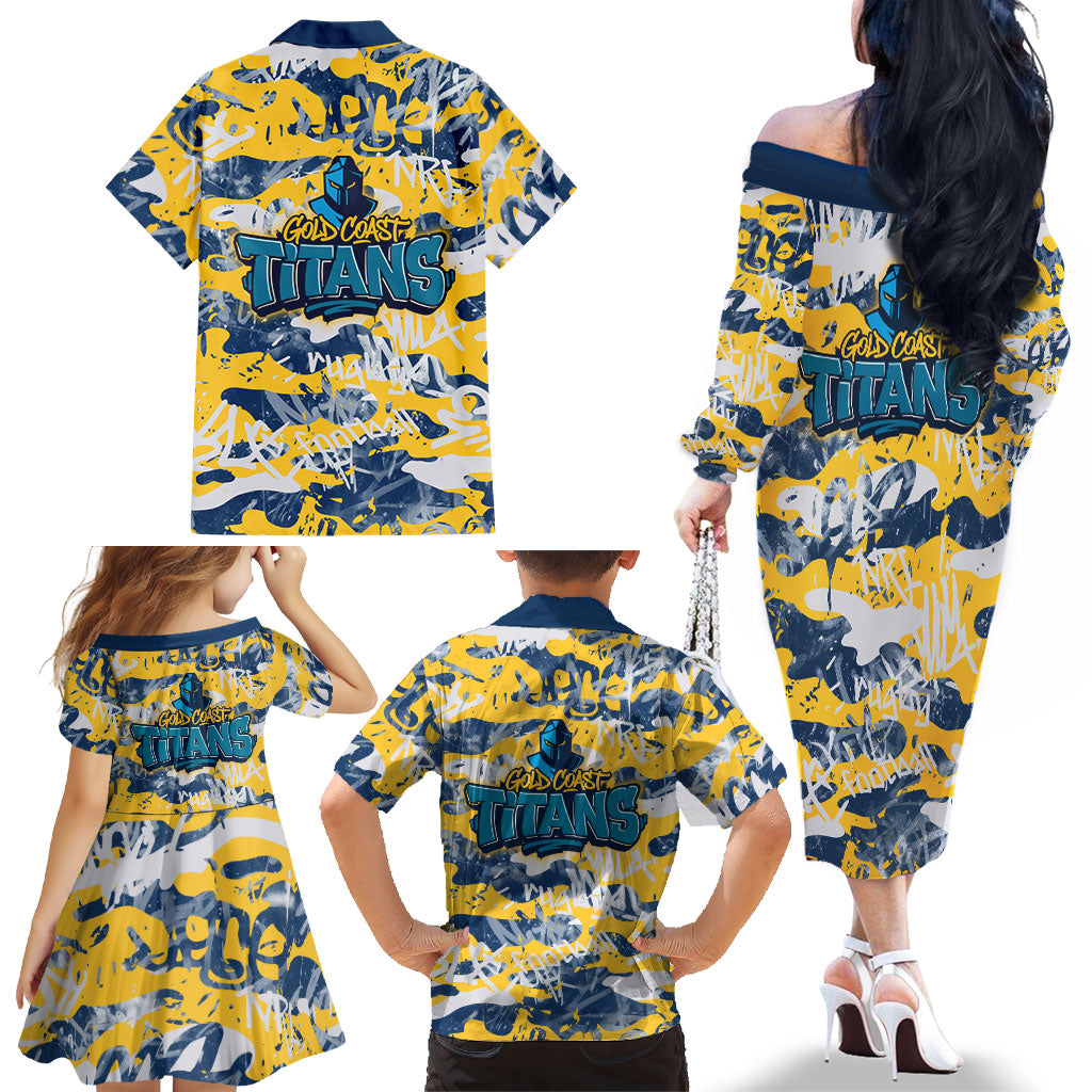 Gold Coast Titans Rugby Family Matching Off The Shoulder Long Sleeve Dress and Hawaiian Shirt Graffiti Typography Urban Camo Abstract Street Style