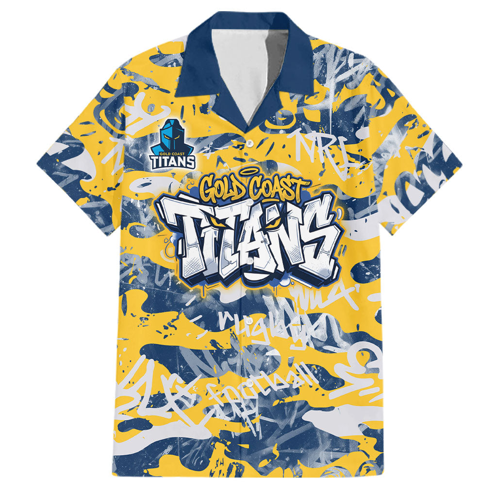 Gold Coast Titans Rugby Family Matching Off The Shoulder Long Sleeve Dress and Hawaiian Shirt Graffiti Typography Urban Camo Abstract Street Style