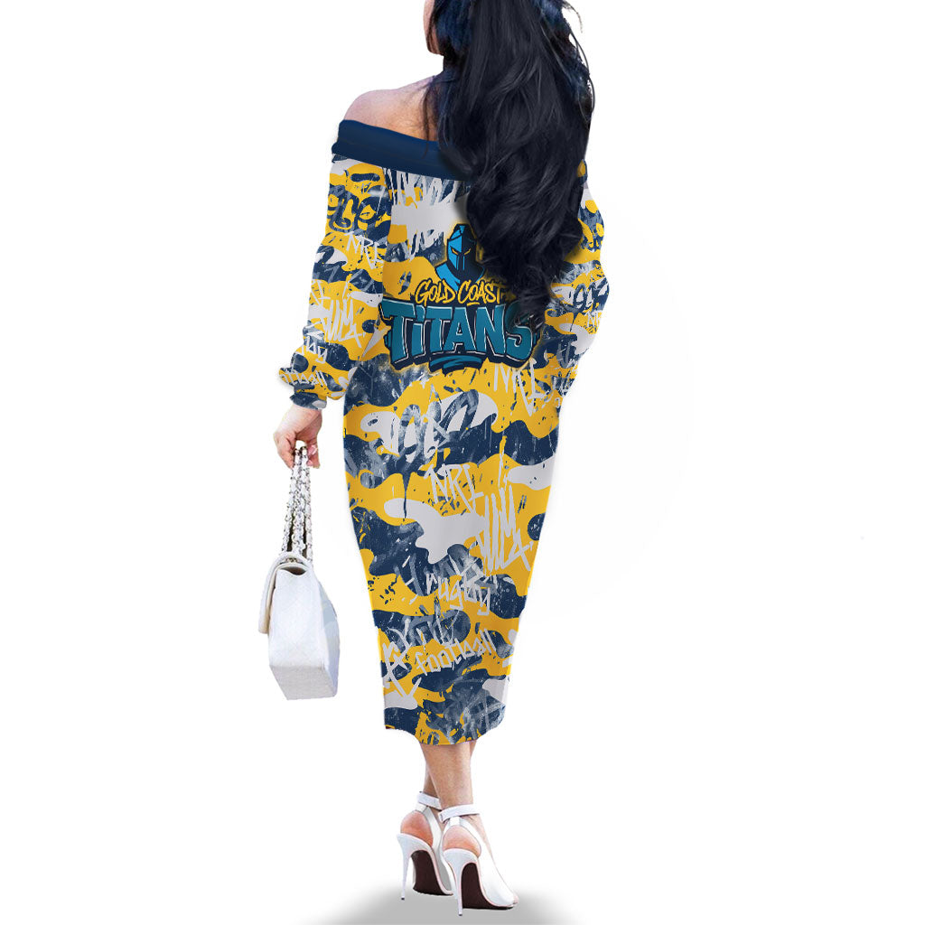 Gold Coast Titans Rugby Family Matching Off The Shoulder Long Sleeve Dress and Hawaiian Shirt Graffiti Typography Urban Camo Abstract Street Style