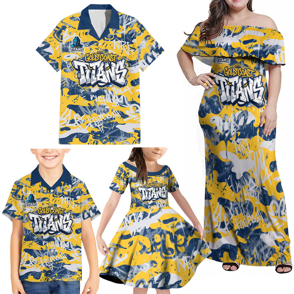 Gold Coast Titans Rugby Family Matching Off Shoulder Maxi Dress and Hawaiian Shirt Graffiti Typography Urban Camo Abstract Street Style