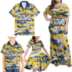 Gold Coast Titans Rugby Family Matching Off Shoulder Maxi Dress and Hawaiian Shirt Graffiti Typography Urban Camo Abstract Street Style