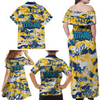 Gold Coast Titans Rugby Family Matching Off Shoulder Maxi Dress and Hawaiian Shirt Graffiti Typography Urban Camo Abstract Street Style