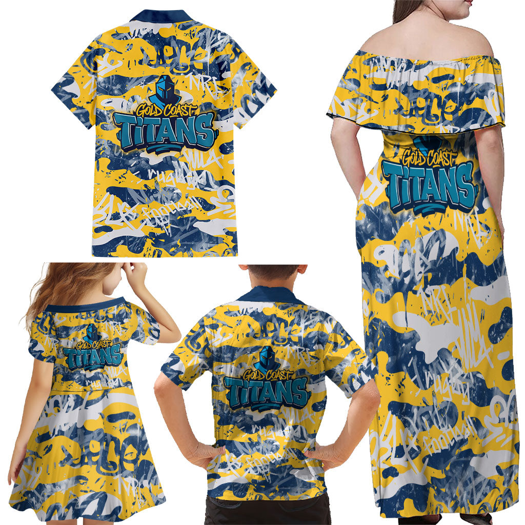 Gold Coast Titans Rugby Family Matching Off Shoulder Maxi Dress and Hawaiian Shirt Graffiti Typography Urban Camo Abstract Street Style