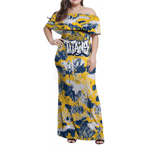 Gold Coast Titans Rugby Family Matching Off Shoulder Maxi Dress and Hawaiian Shirt Graffiti Typography Urban Camo Abstract Street Style
