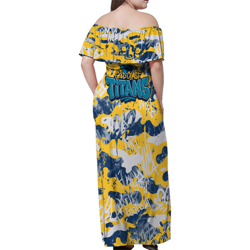 Gold Coast Titans Rugby Family Matching Off Shoulder Maxi Dress and Hawaiian Shirt Graffiti Typography Urban Camo Abstract Street Style