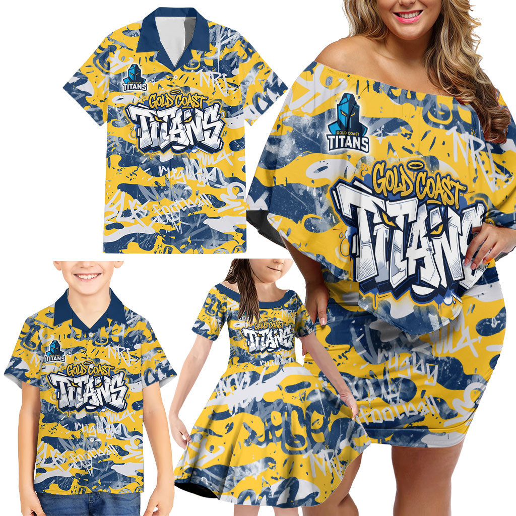 Gold Coast Titans Rugby Family Matching Off Shoulder Short Dress and Hawaiian Shirt Graffiti Typography Urban Camo Abstract Street Style