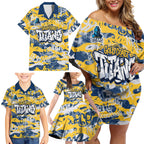 Gold Coast Titans Rugby Family Matching Off Shoulder Short Dress and Hawaiian Shirt Graffiti Typography Urban Camo Abstract Street Style