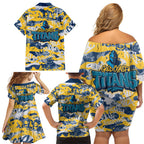 Gold Coast Titans Rugby Family Matching Off Shoulder Short Dress and Hawaiian Shirt Graffiti Typography Urban Camo Abstract Street Style