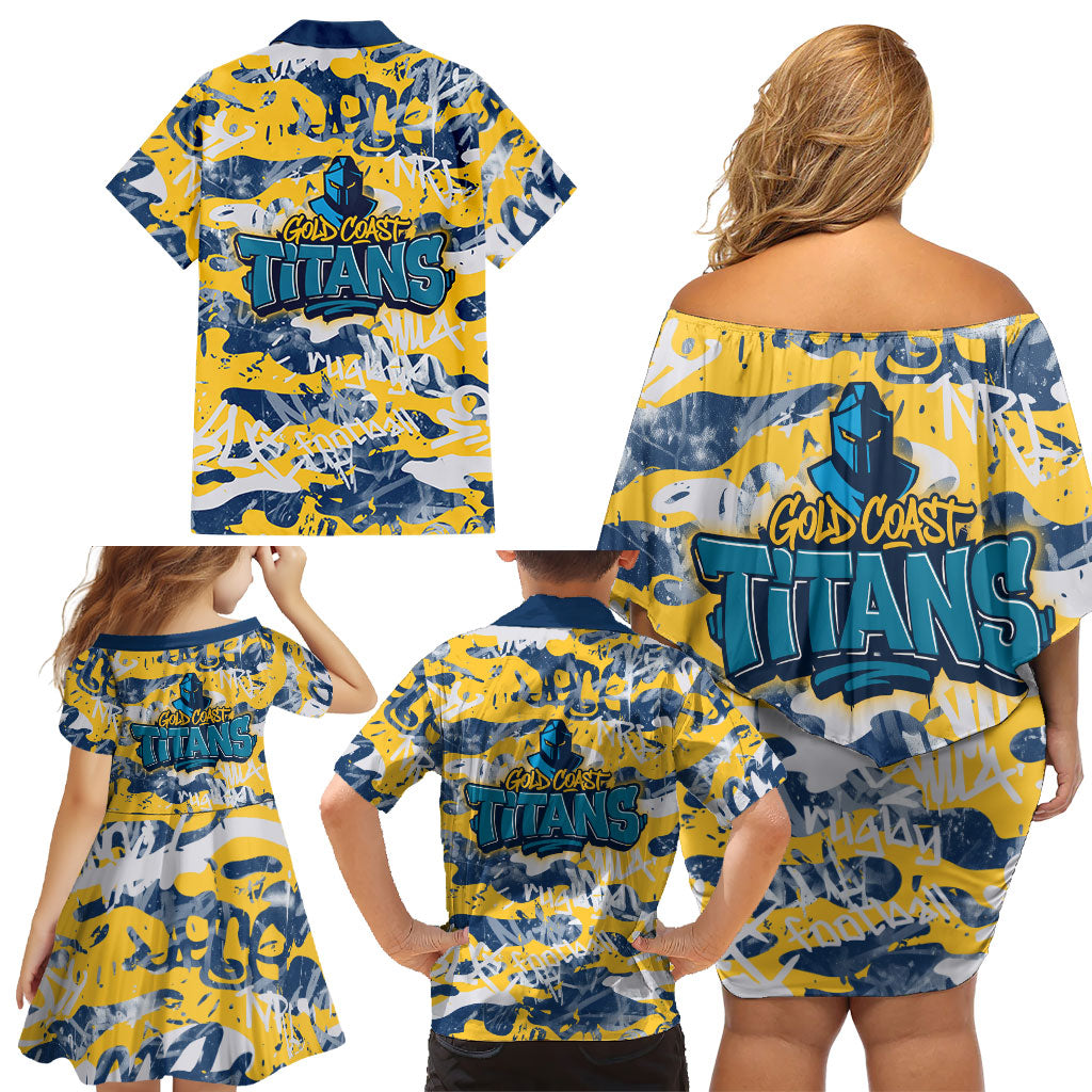 Gold Coast Titans Rugby Family Matching Off Shoulder Short Dress and Hawaiian Shirt Graffiti Typography Urban Camo Abstract Street Style