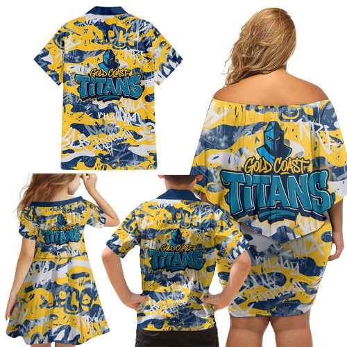 Gold Coast Titans Rugby Family Matching Off Shoulder Short Dress and Hawaiian Shirt Graffiti Typography Urban Camo Abstract Street Style