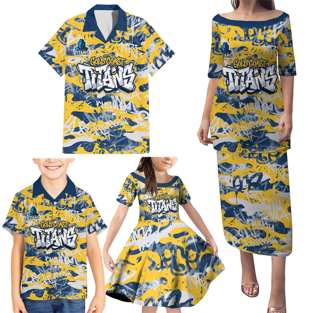 Gold Coast Titans Rugby Family Matching Puletasi and Hawaiian Shirt Graffiti Typography Urban Camo Abstract Street Style